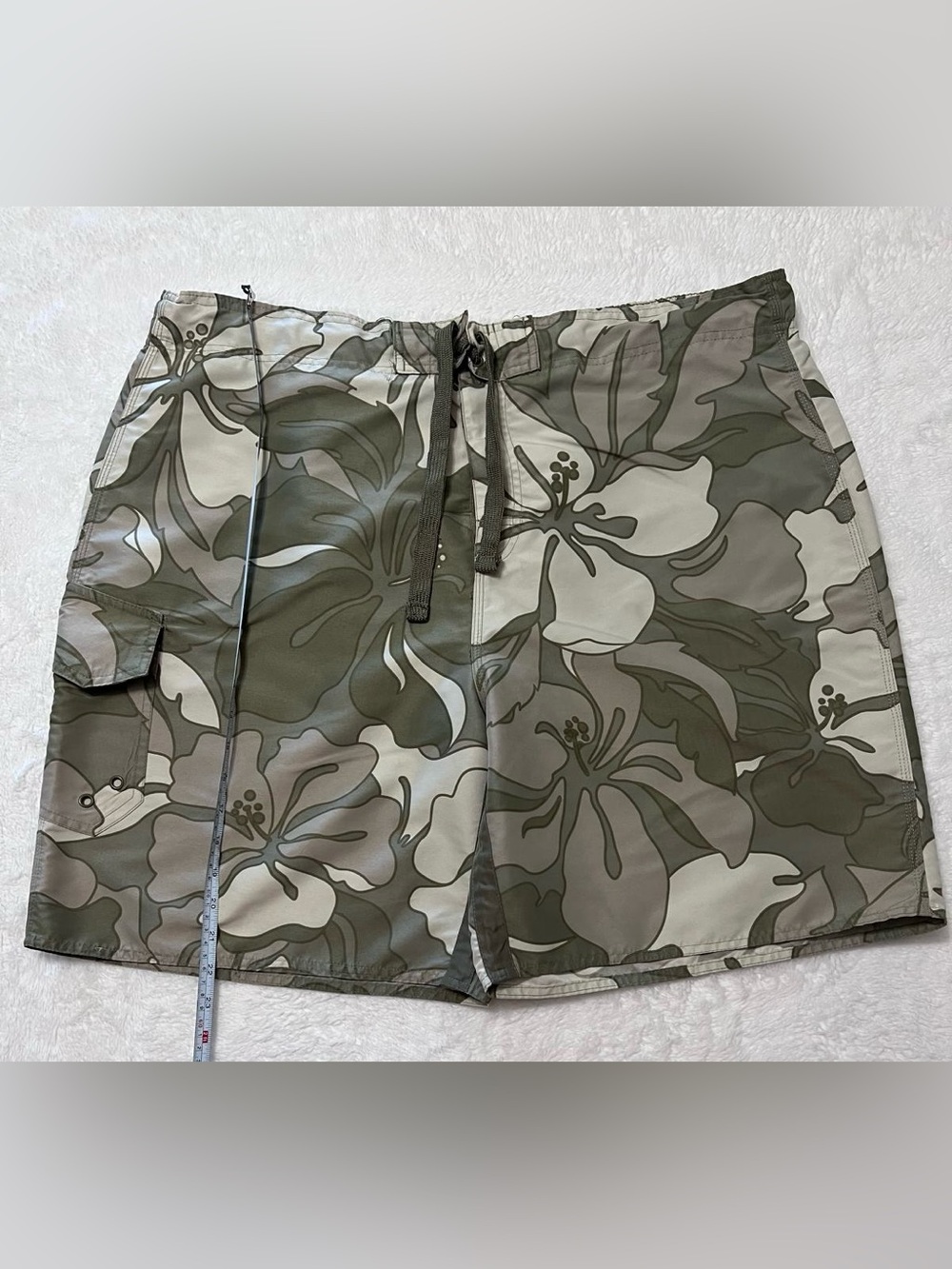 No Boundaries Olive and Cream Floral Swim Trunks